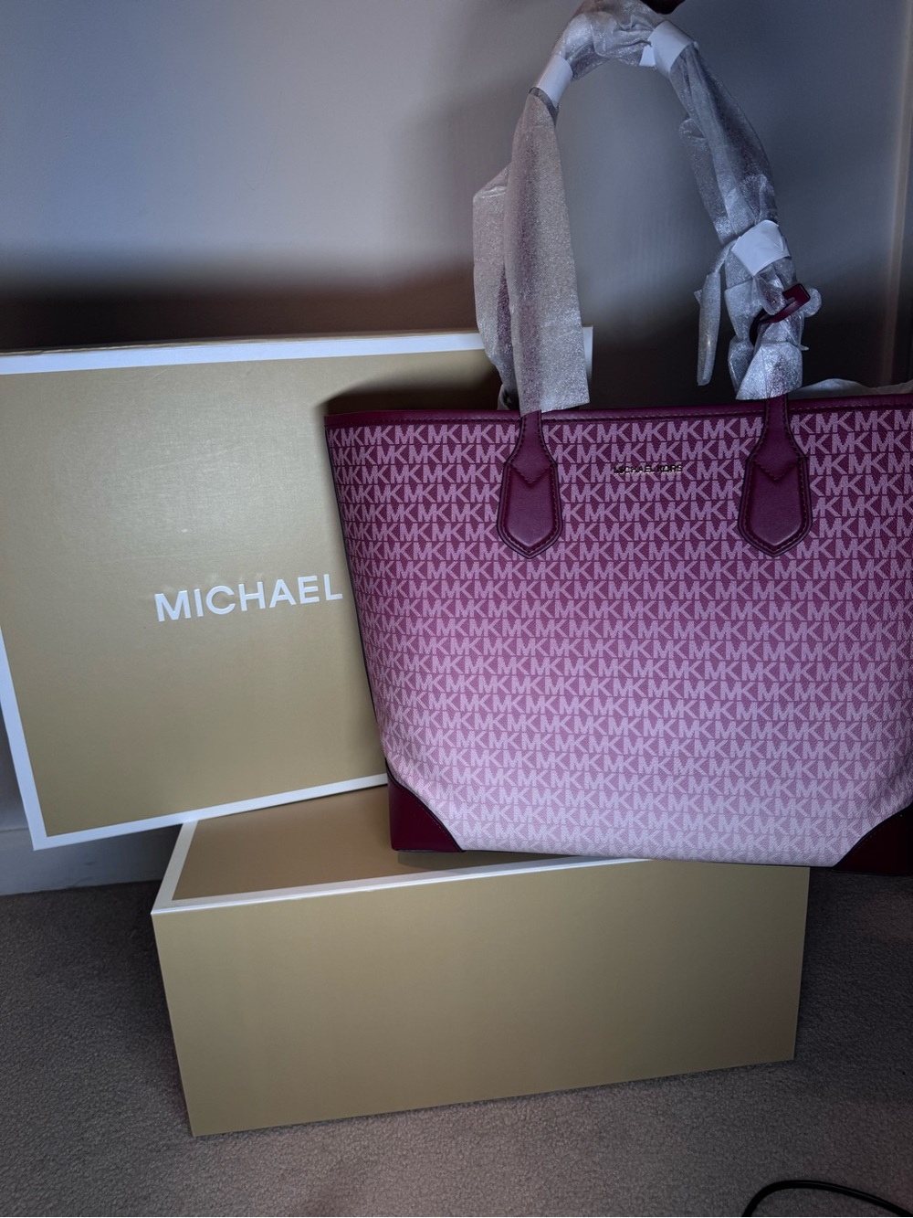 Michael Kors Ombré Monogram Tote Bag with Burgundy Trim